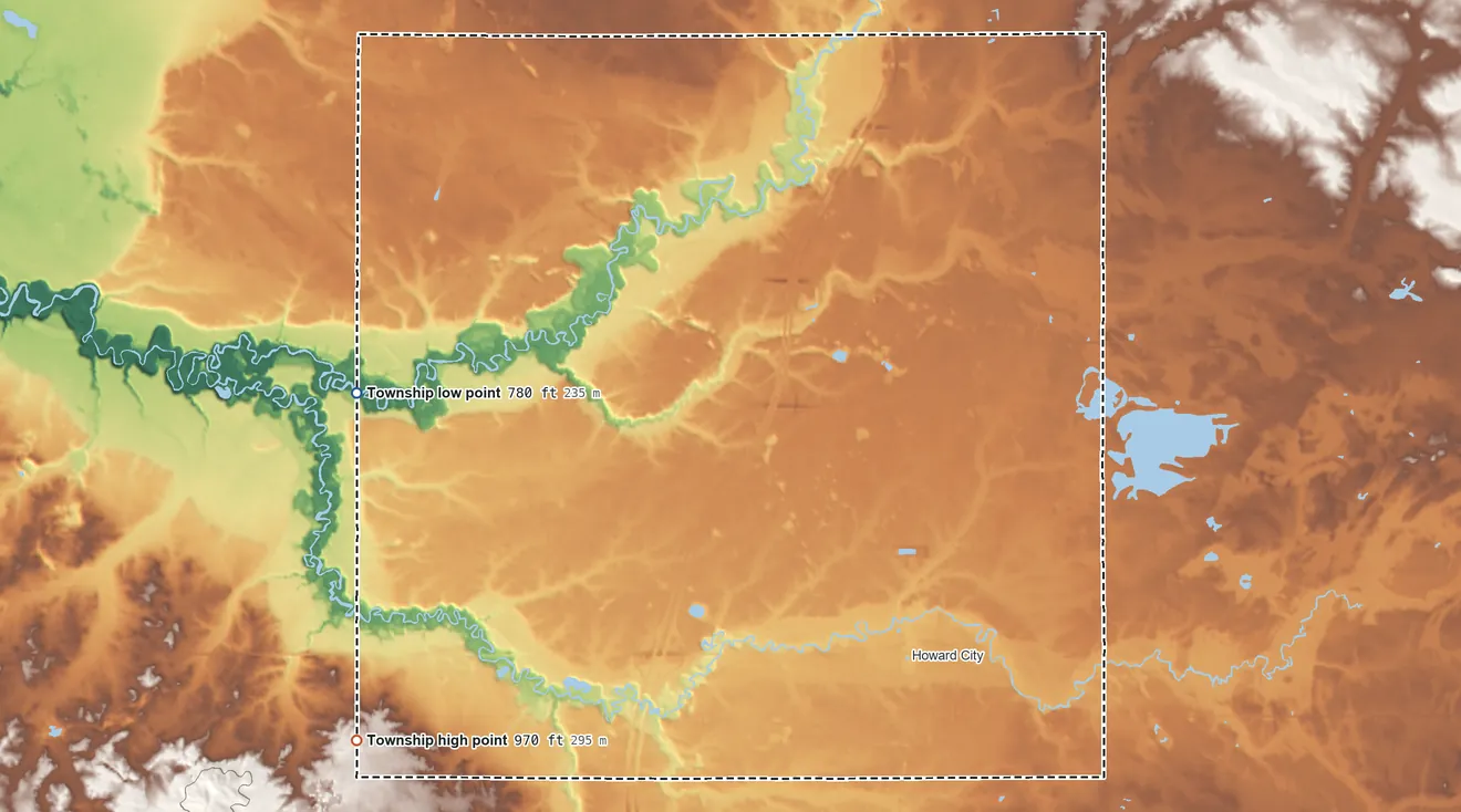 Topographic elevation map of Reynolds Township, Michigan, shaded from 780 ft on the west side to 970 ft on the southwest side
