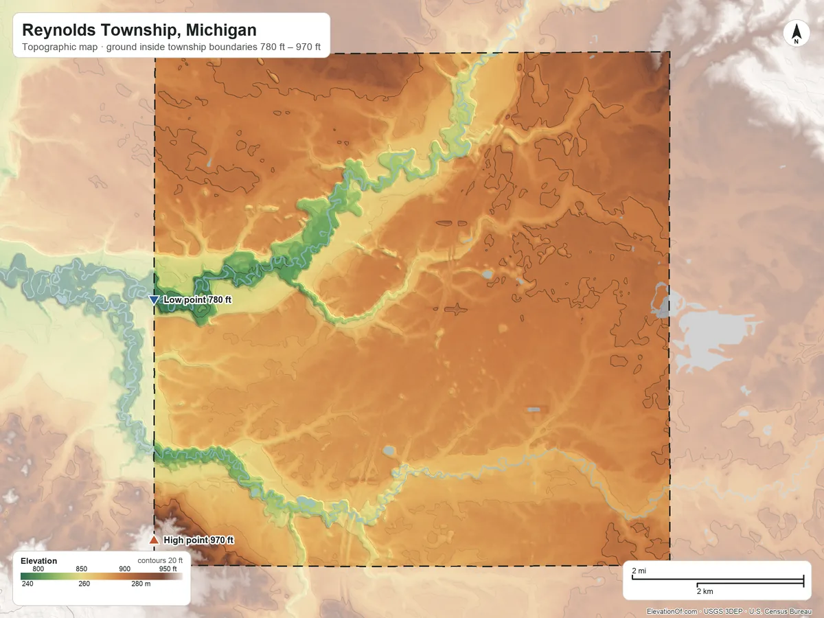 Topographic elevation map of Reynolds Township, Michigan, shaded from 780 ft on the west side to 970 ft on the southwest side