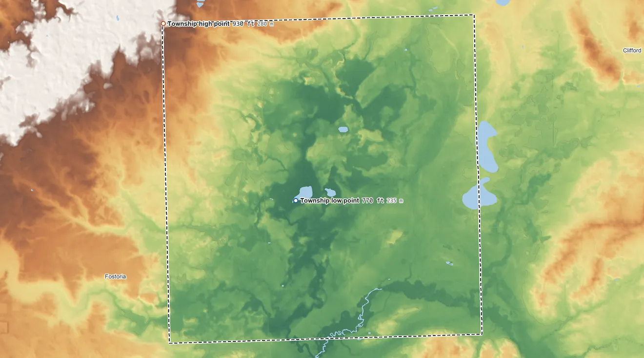 Topographic elevation map of Rich Township, Michigan, shaded from 770 ft near the middle to 930 ft on the northwest side