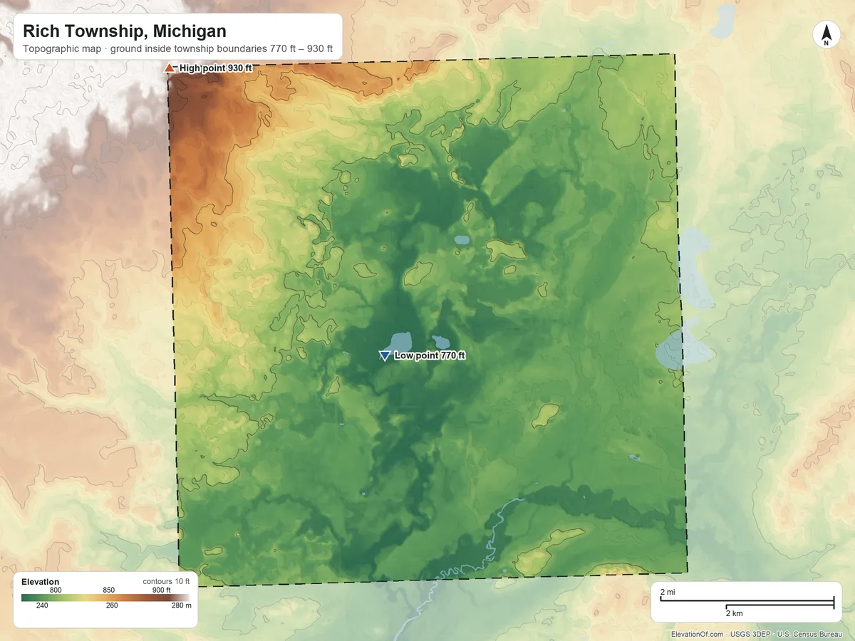 Topographic elevation map of Rich Township, Michigan, shaded from 770 ft near the middle to 930 ft on the northwest side