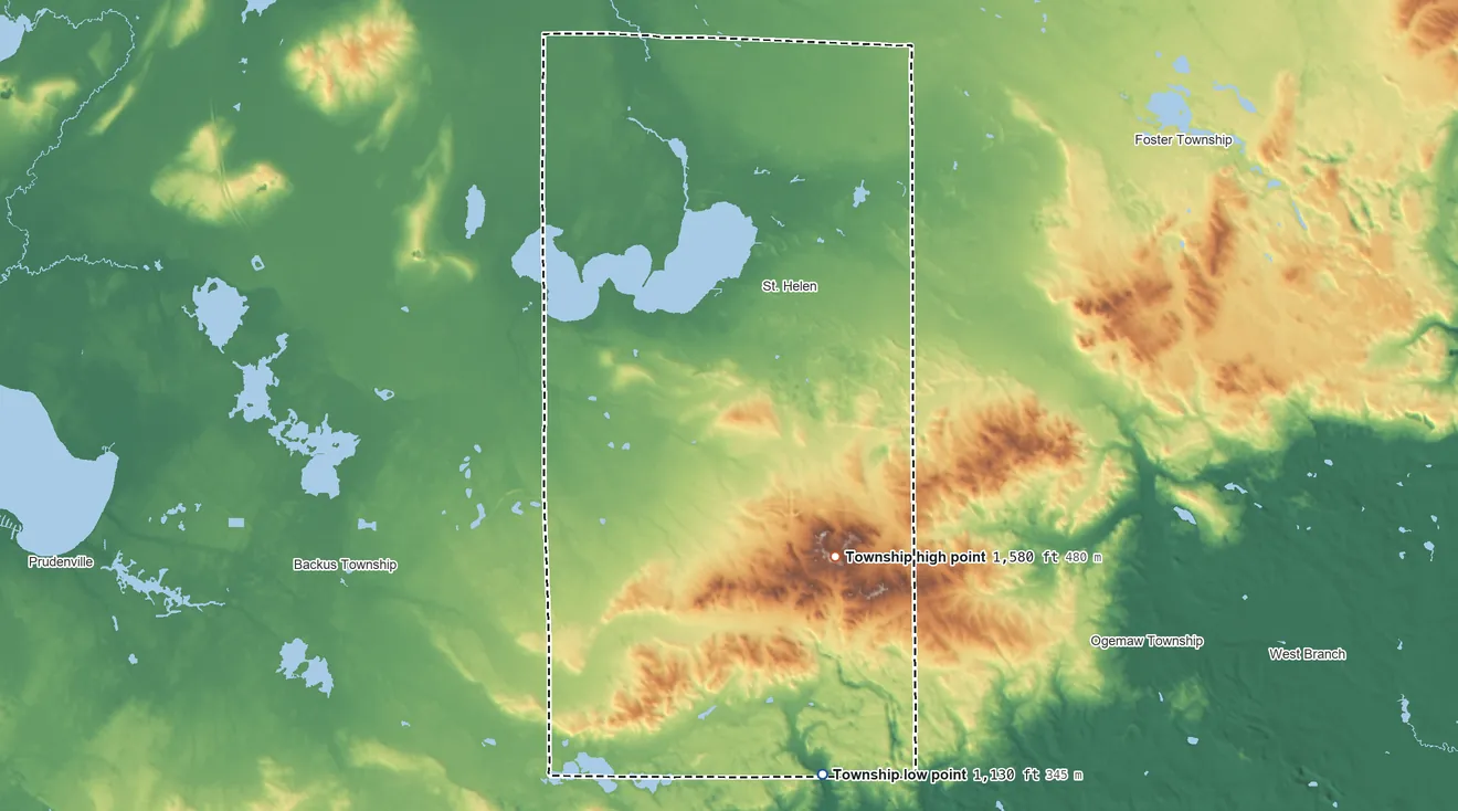Topographic elevation map of Richfield Township, Roscommon County, Michigan, shaded from 1,130 ft on the south side to 1,580 ft on the south side