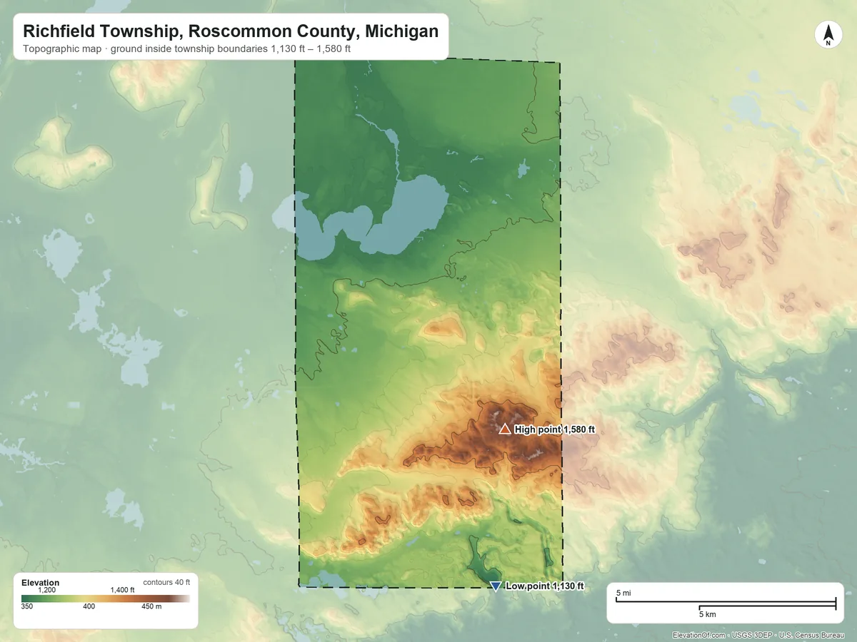 Topographic elevation map of Richfield Township, Roscommon County, Michigan, shaded from 1,130 ft on the south side to 1,580 ft on the south side