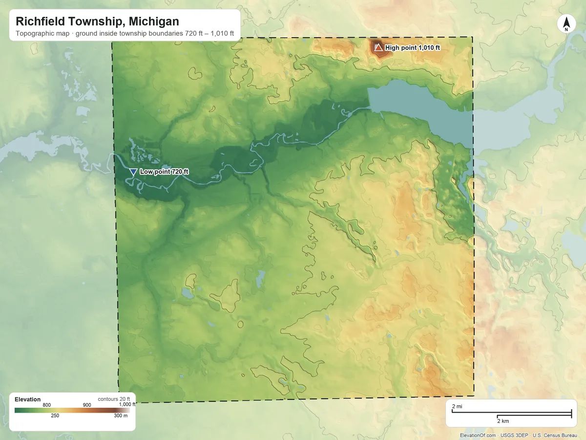 Topographic elevation map of Richfield Township, Michigan, shaded from 720 ft on the northwest side to 1,010 ft on the northeast side