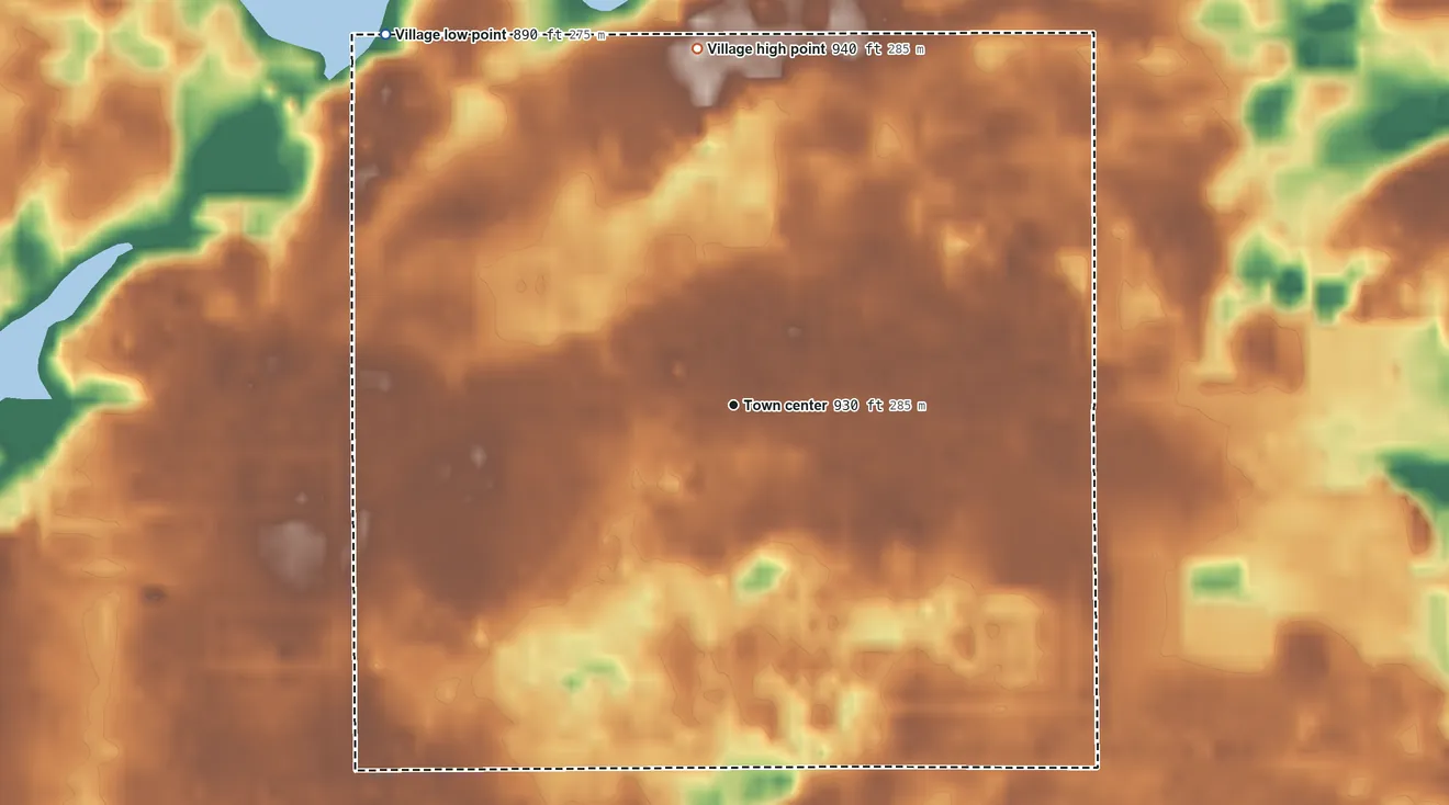 Topographic elevation map of Richland, Michigan, shaded from 890 ft on the northwest side to 940 ft on the north side