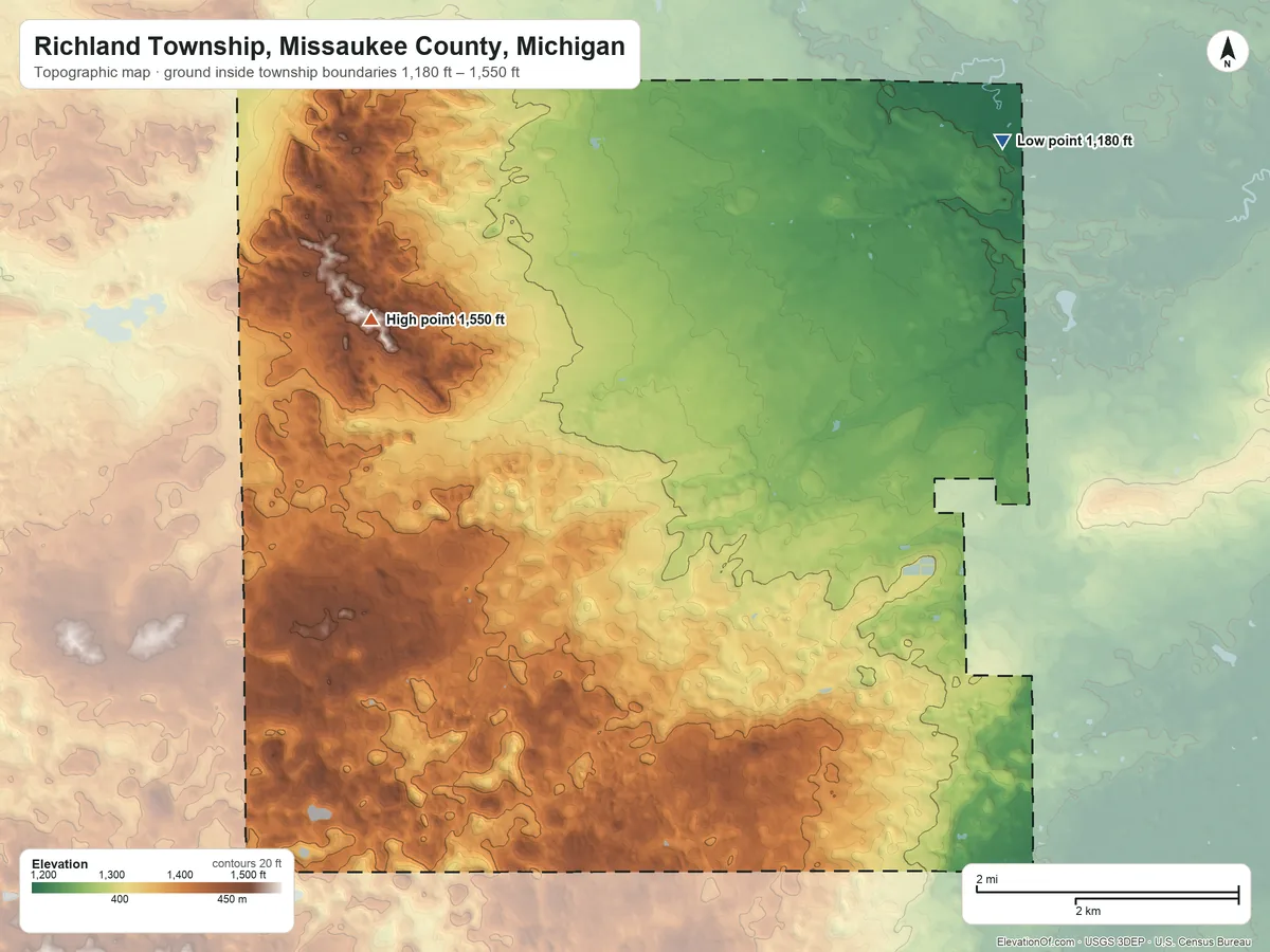 Topographic elevation map of Richland Township, Missaukee County, Michigan, shaded from 1,180 ft on the northeast side to 1,550 ft on the west side