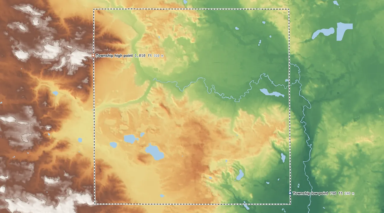 Topographic elevation map of Richland Township, Montcalm County, Michigan, shaded from 790 ft on the southeast side to 1,010 ft on the northwest side