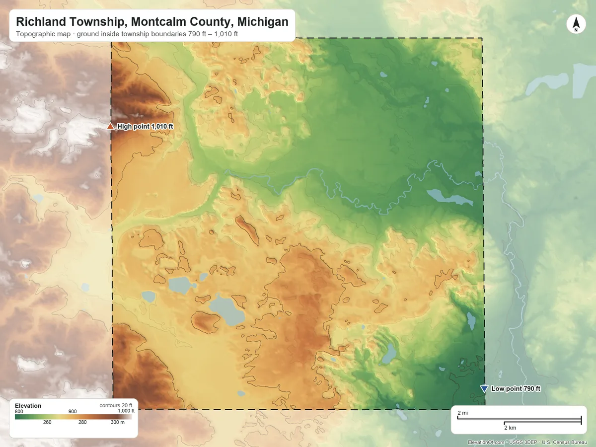 Topographic elevation map of Richland Township, Montcalm County, Michigan, shaded from 790 ft on the southeast side to 1,010 ft on the northwest side