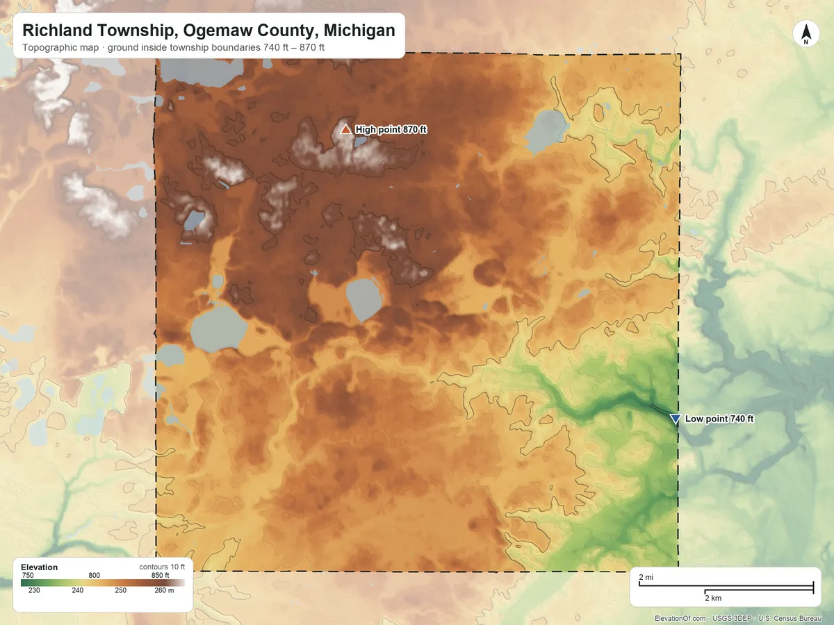 Topographic elevation map of Richland Township, Ogemaw County, Michigan, shaded from 740 ft on the east side to 870 ft on the north side