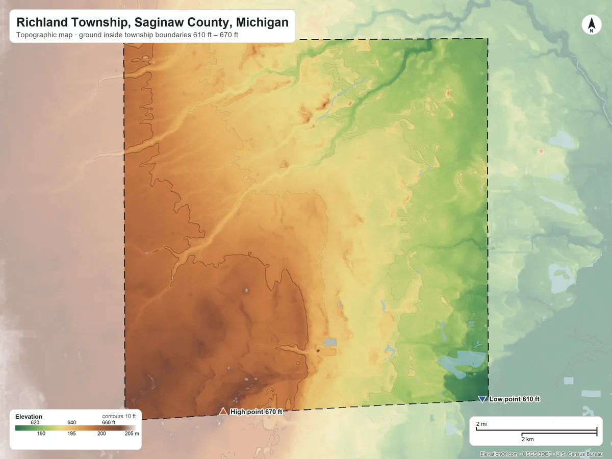 Topographic elevation map of Richland Township, Saginaw County, Michigan, shaded from 610 ft on the southeast side to 670 ft on the southwest side