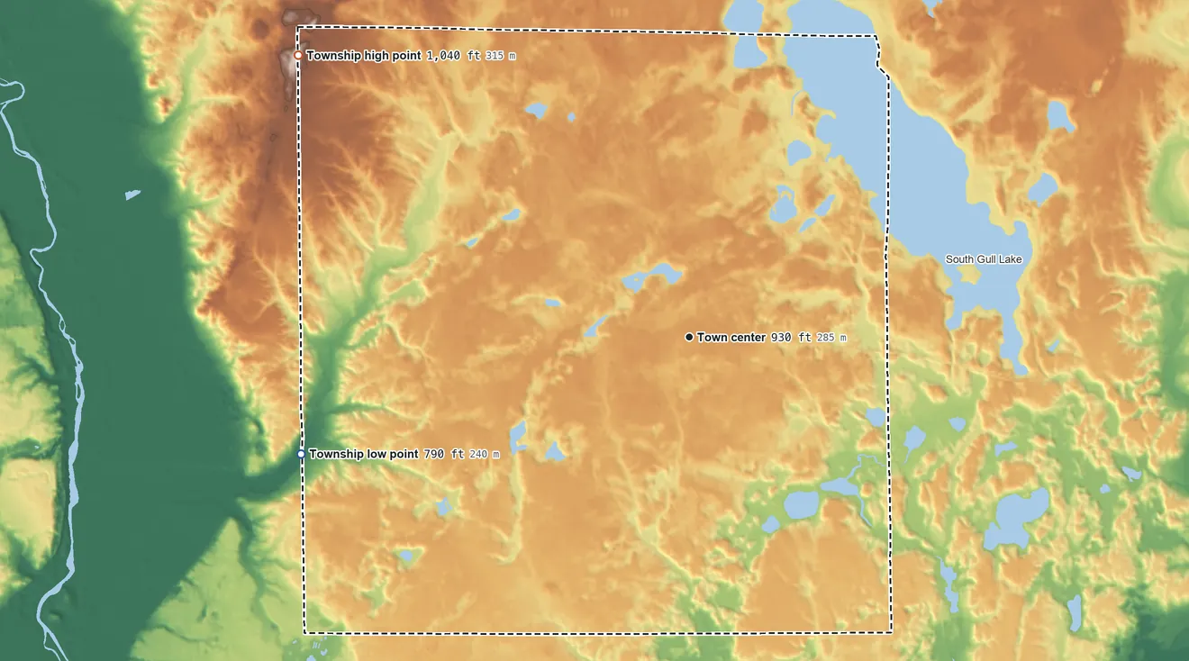 Topographic elevation map of Richland Township, Michigan, shaded from 790 ft on the west side to 1,040 ft on the northwest side