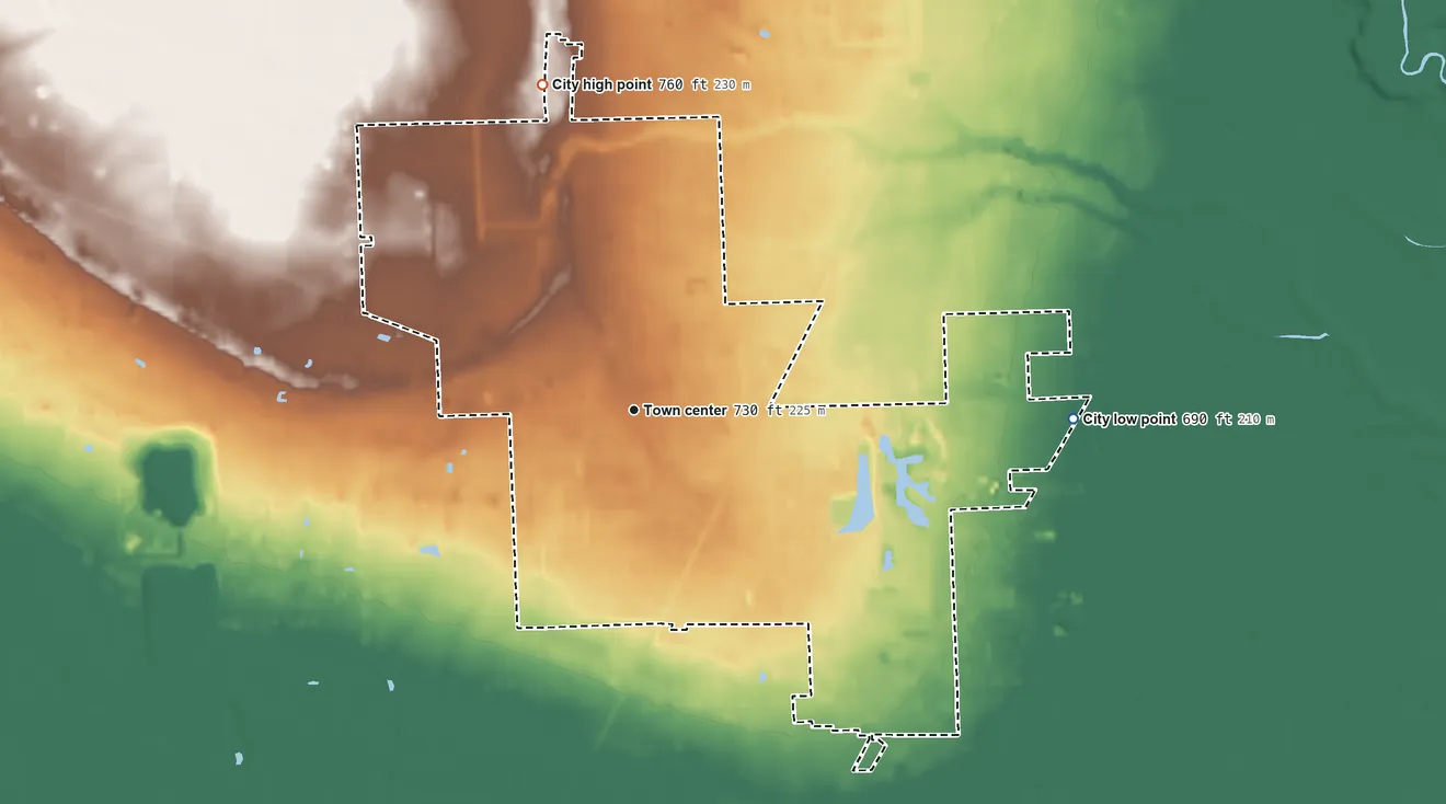 Topographic elevation map of Richmond, Michigan, shaded from 690 ft on the east side to 760 ft on the north side