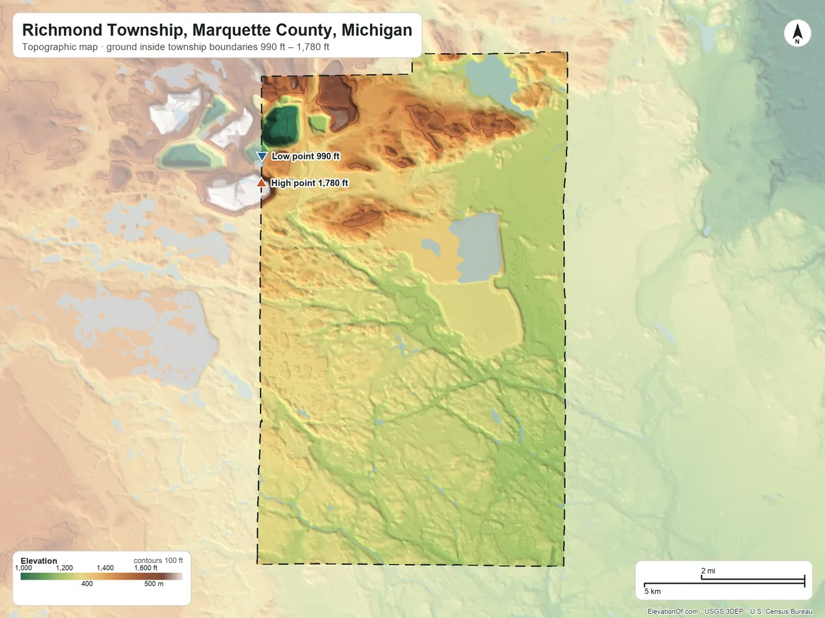 Topographic elevation map of Richmond Township, Marquette County, Michigan, shaded from 990 ft on the northwest side to 1,780 ft on the northwest side