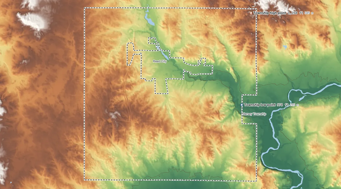 Topographic elevation map of Richmond Township, Osceola County, Michigan, shaded from 970 ft on the east side to 1,260 ft on the northeast side