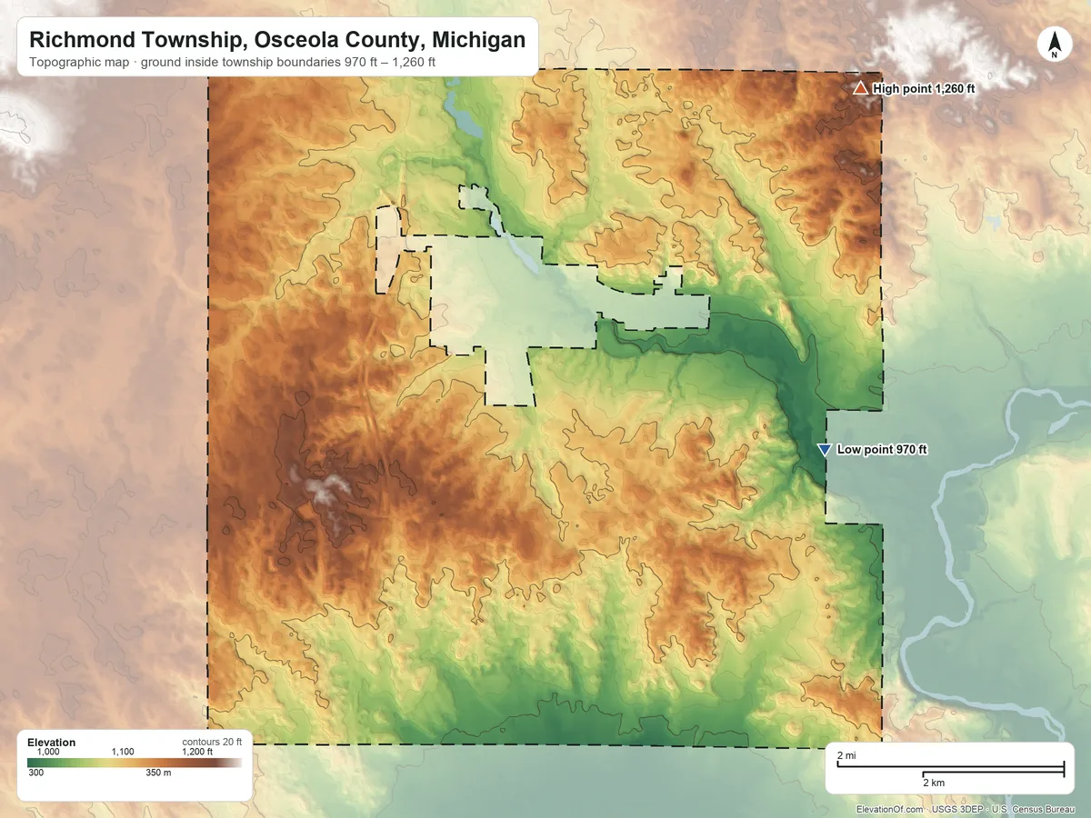 Topographic elevation map of Richmond Township, Osceola County, Michigan, shaded from 970 ft on the east side to 1,260 ft on the northeast side