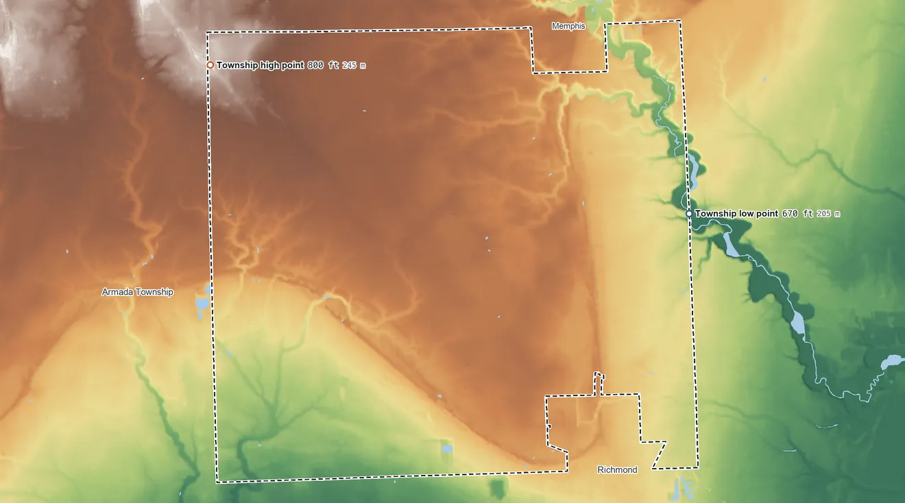Topographic elevation map of Richmond Township, Michigan, shaded from 670 ft on the east side to 800 ft on the northwest side
