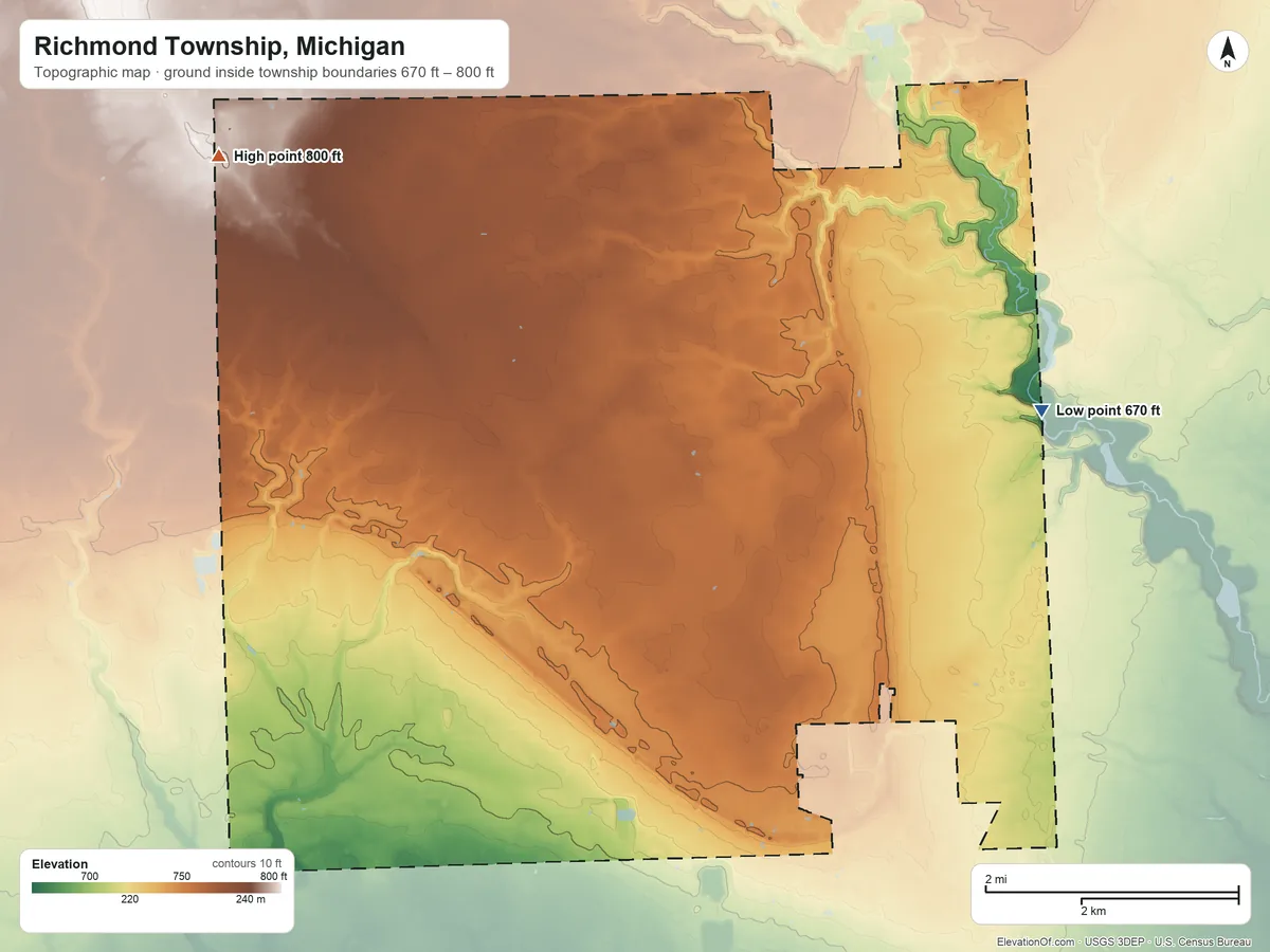 Topographic elevation map of Richmond Township, Michigan, shaded from 670 ft on the east side to 800 ft on the northwest side