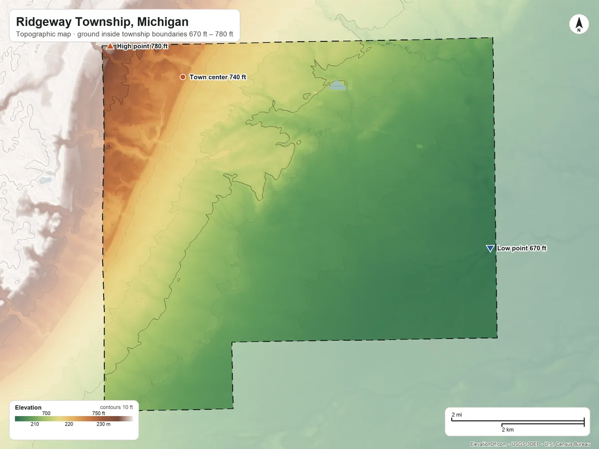 Topographic elevation map of Ridgeway Township, Michigan, shaded from 670 ft on the southeast side to 780 ft on the northwest side