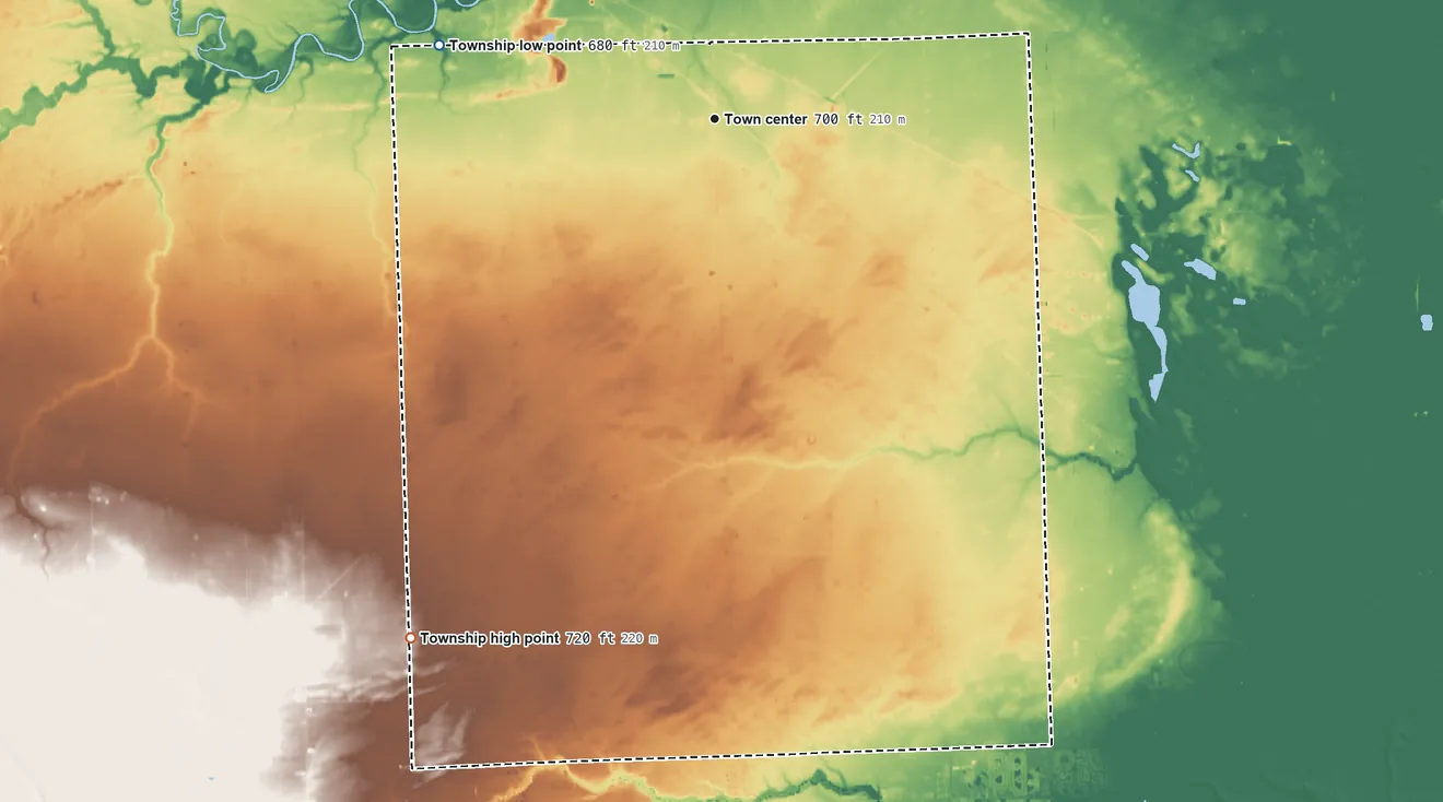 Topographic elevation map of Riga Township, Michigan, shaded from 680 ft on the west side to 720 ft on the southwest side