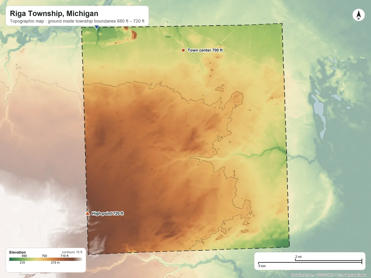 Topographic elevation map of Riga Township, Michigan, shaded from 680 ft on the west side to 720 ft on the southwest side