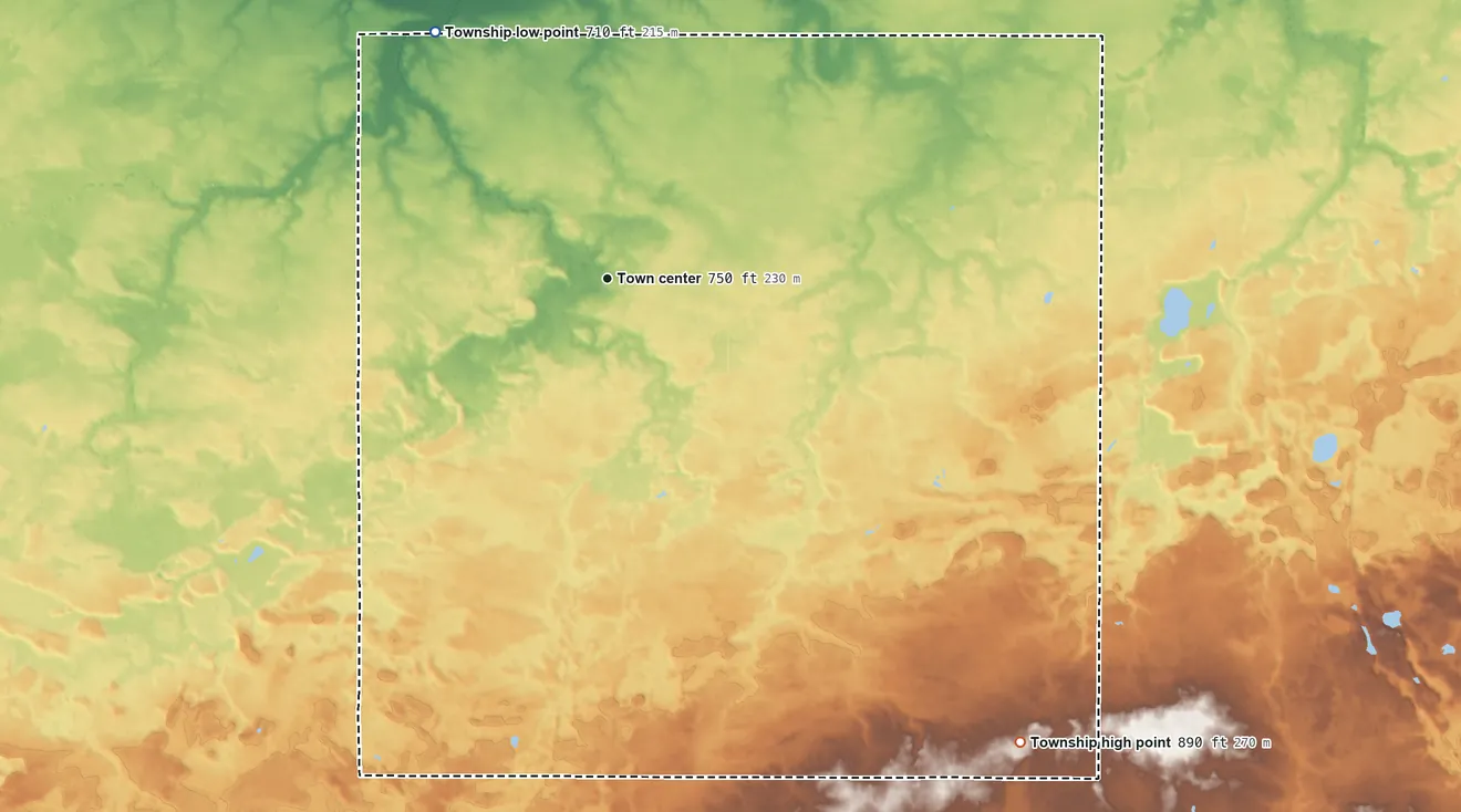 Topographic elevation map of Riley Township, Clinton County, Michigan, shaded from 710 ft on the northwest side to 890 ft on the southeast side