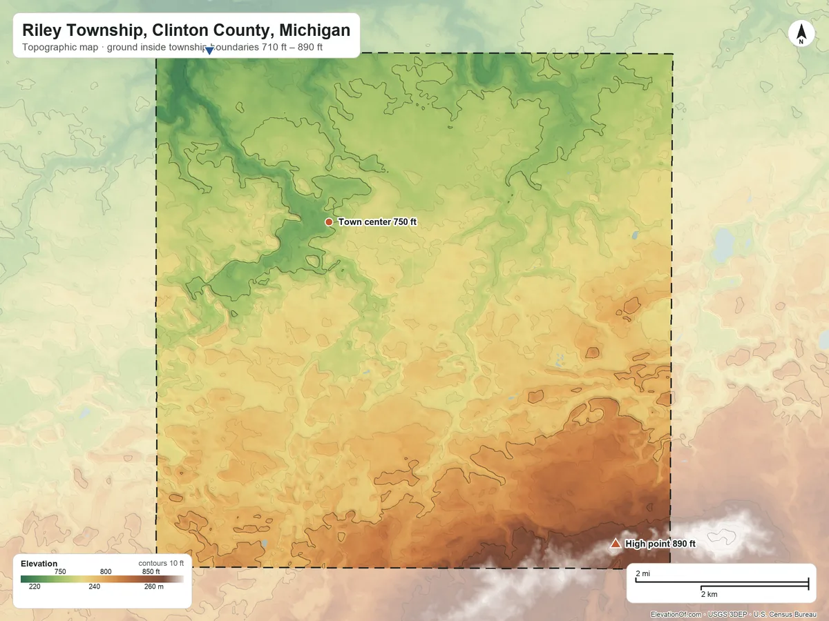 Topographic elevation map of Riley Township, Clinton County, Michigan, shaded from 710 ft on the northwest side to 890 ft on the southeast side