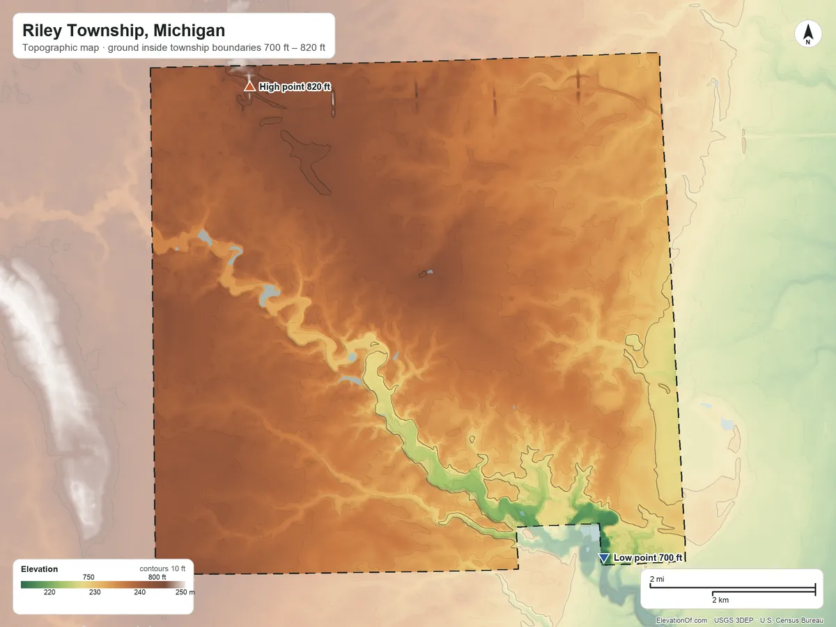 Topographic elevation map of Riley Township, Michigan, shaded from 700 ft on the southeast side to 820 ft on the northwest side