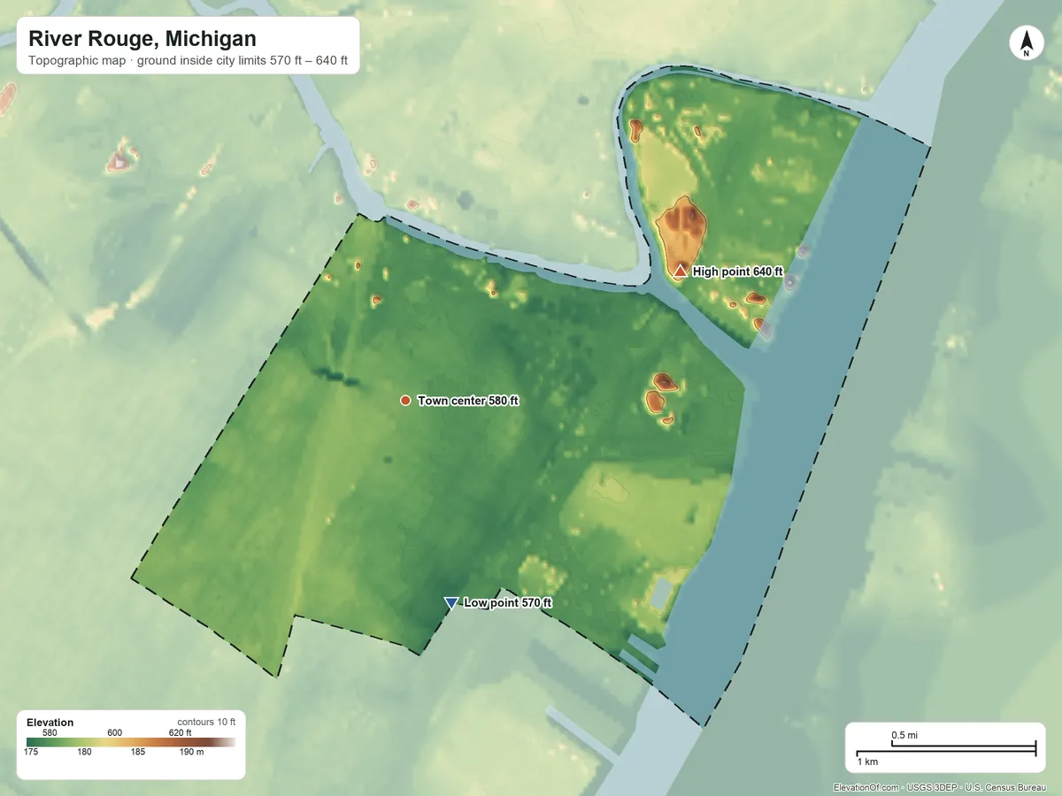 Topographic elevation map of River Rouge, Michigan, shaded from 570 ft on the south side to 640 ft on the northeast side