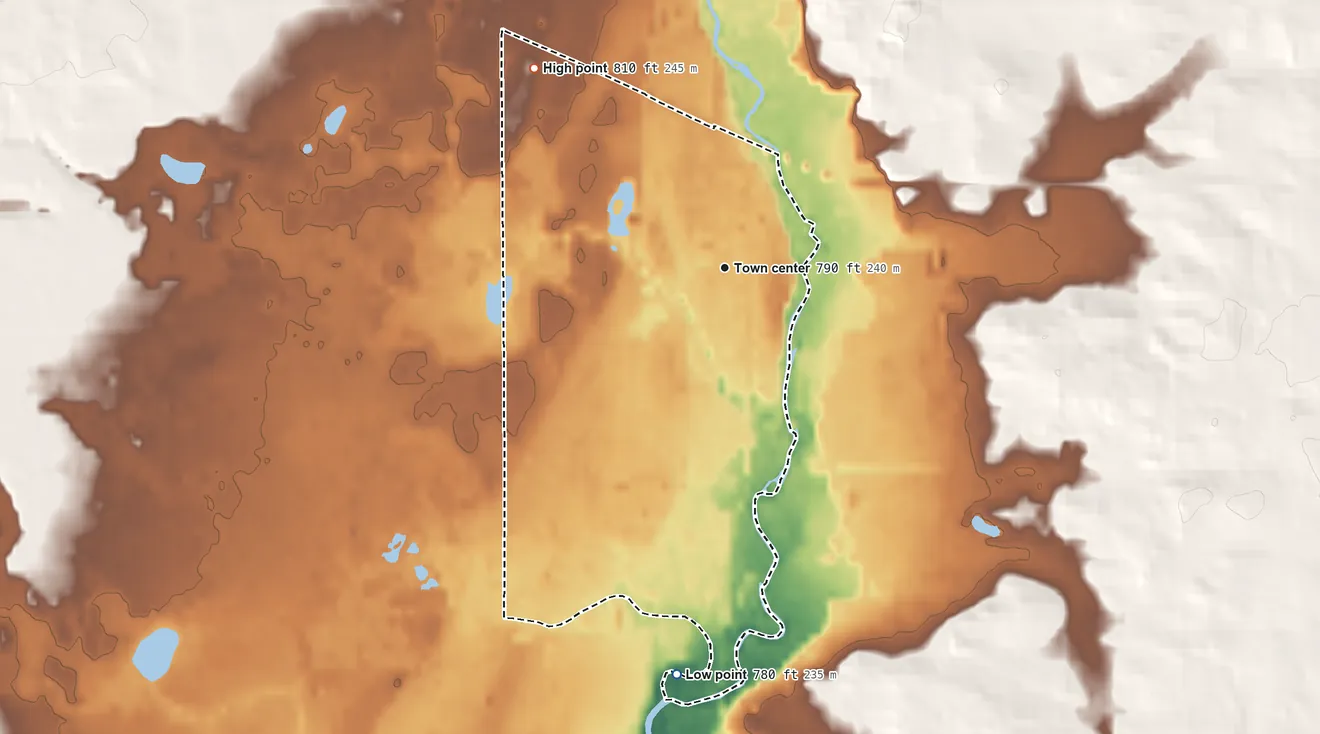 Topographic elevation map of Riverdale, Michigan, shaded from 780 ft on the south side to 810 ft on the northwest side