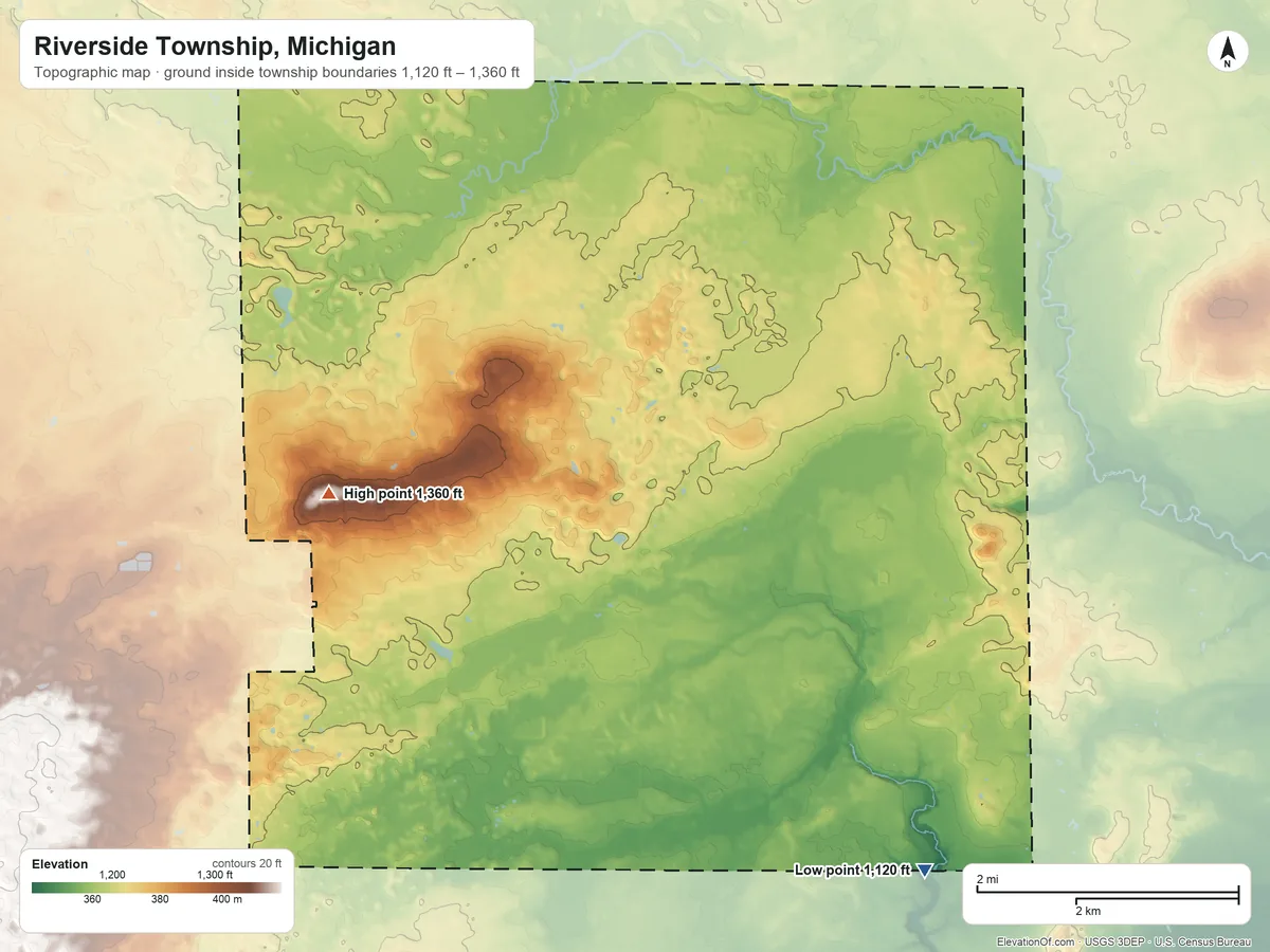 Topographic elevation map of Riverside Township, Michigan, shaded from 1,120 ft on the southeast side to 1,360 ft on the west side