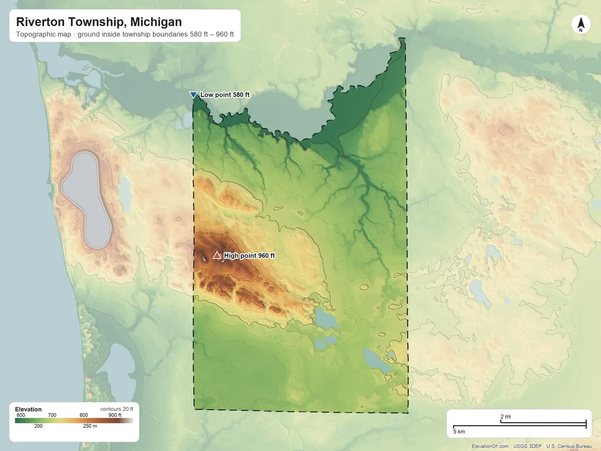 Topographic elevation map of Riverton Township, Michigan, shaded from 580 ft on the northwest side to 960 ft on the west side