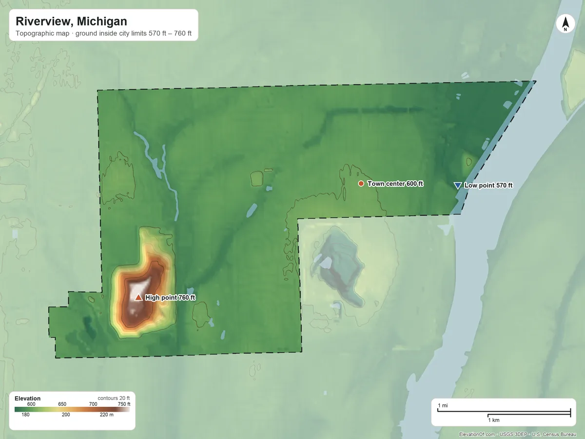 Topographic elevation map of Riverview, Michigan, shaded from 570 ft on the east side to 760 ft on the southwest side