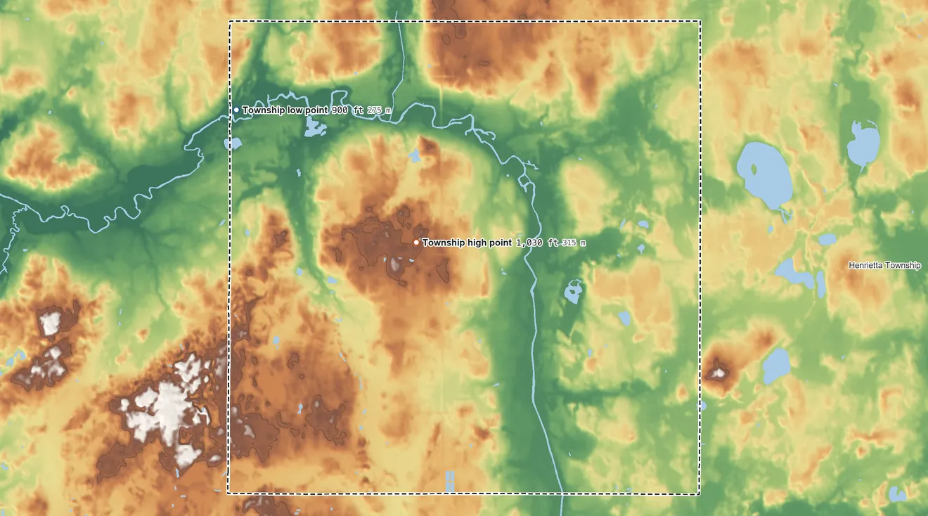 Topographic elevation map of Rives Township, Michigan, shaded from 900 ft on the northwest side to 1,030 ft on the northwest side