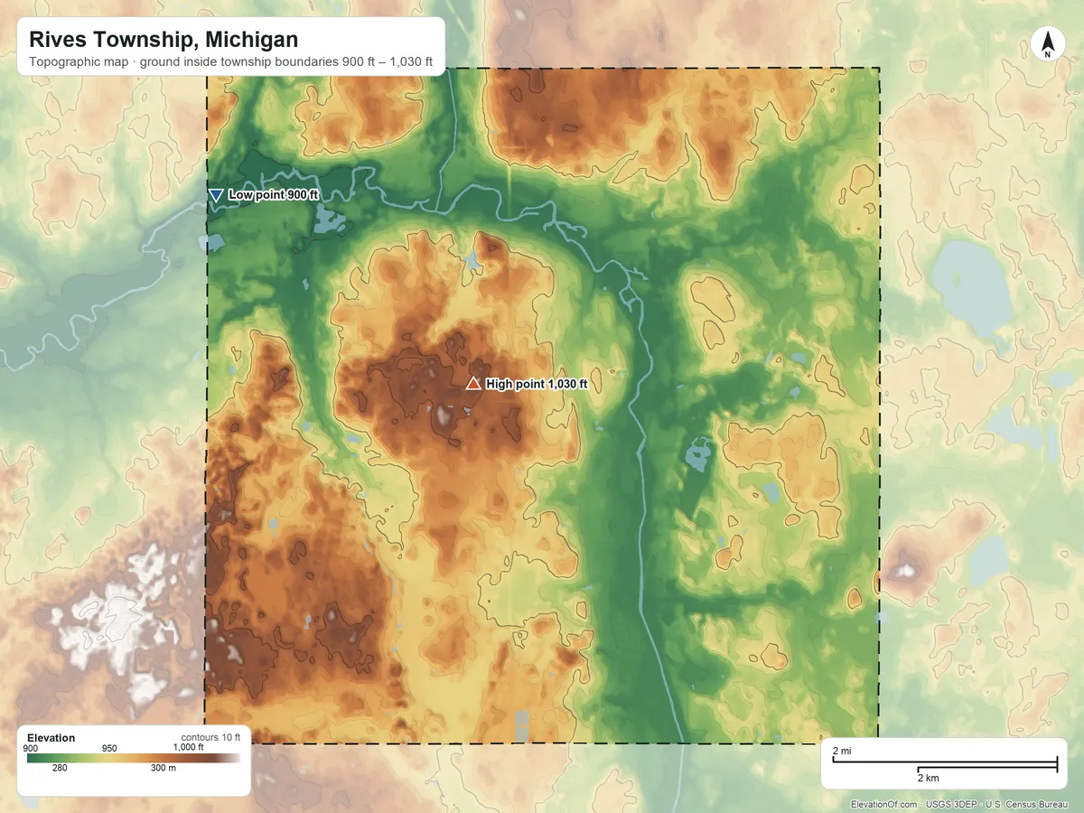 Topographic elevation map of Rives Township, Michigan, shaded from 900 ft on the northwest side to 1,030 ft on the northwest side