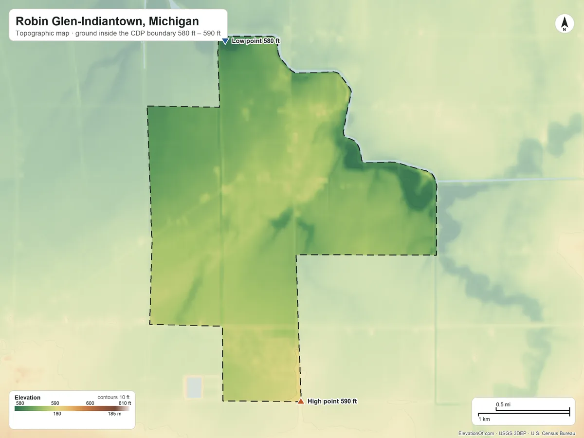 Topographic elevation map of Robin Glen-Indiantown, Michigan, shaded from 580 ft on the north side to 590 ft on the south side
