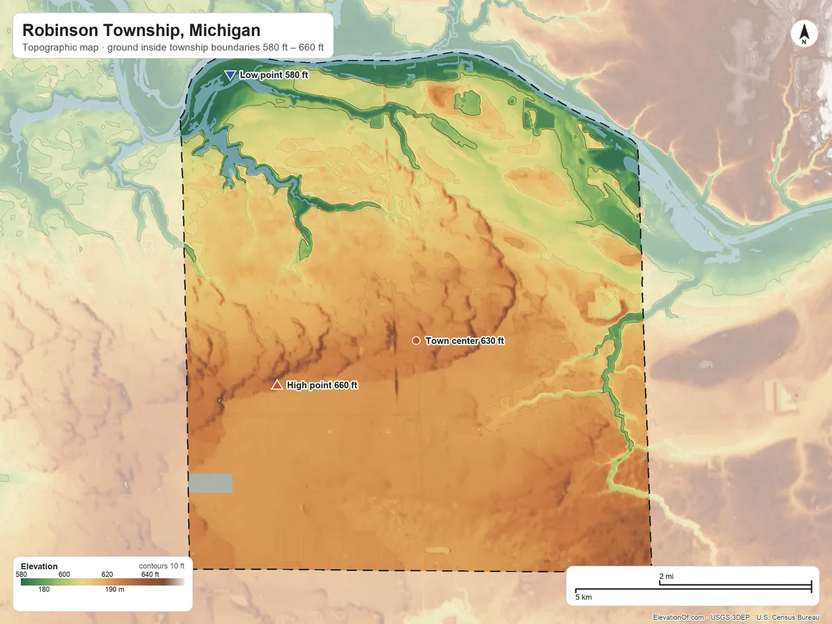 Topographic elevation map of Robinson Township, Michigan, shaded from 580 ft on the northwest side to 660 ft on the west side