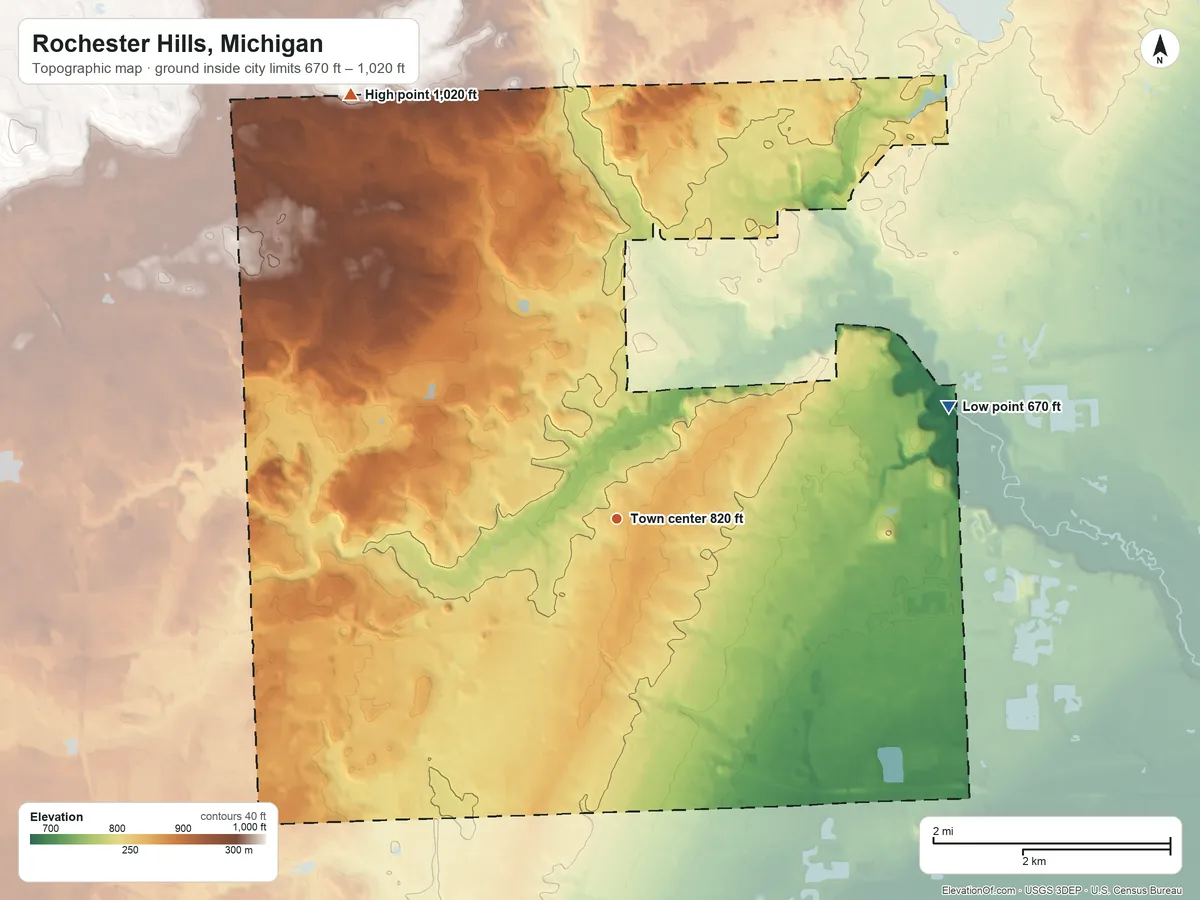 Topographic elevation map of Rochester Hills, Michigan, shaded from 670 ft on the east side to 1,020 ft on the northwest side