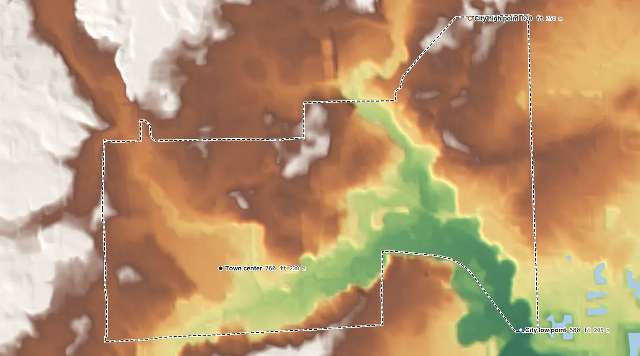 Topographic elevation map of Rochester, Michigan, shaded from 680 ft on the east side to 820 ft on the northeast side