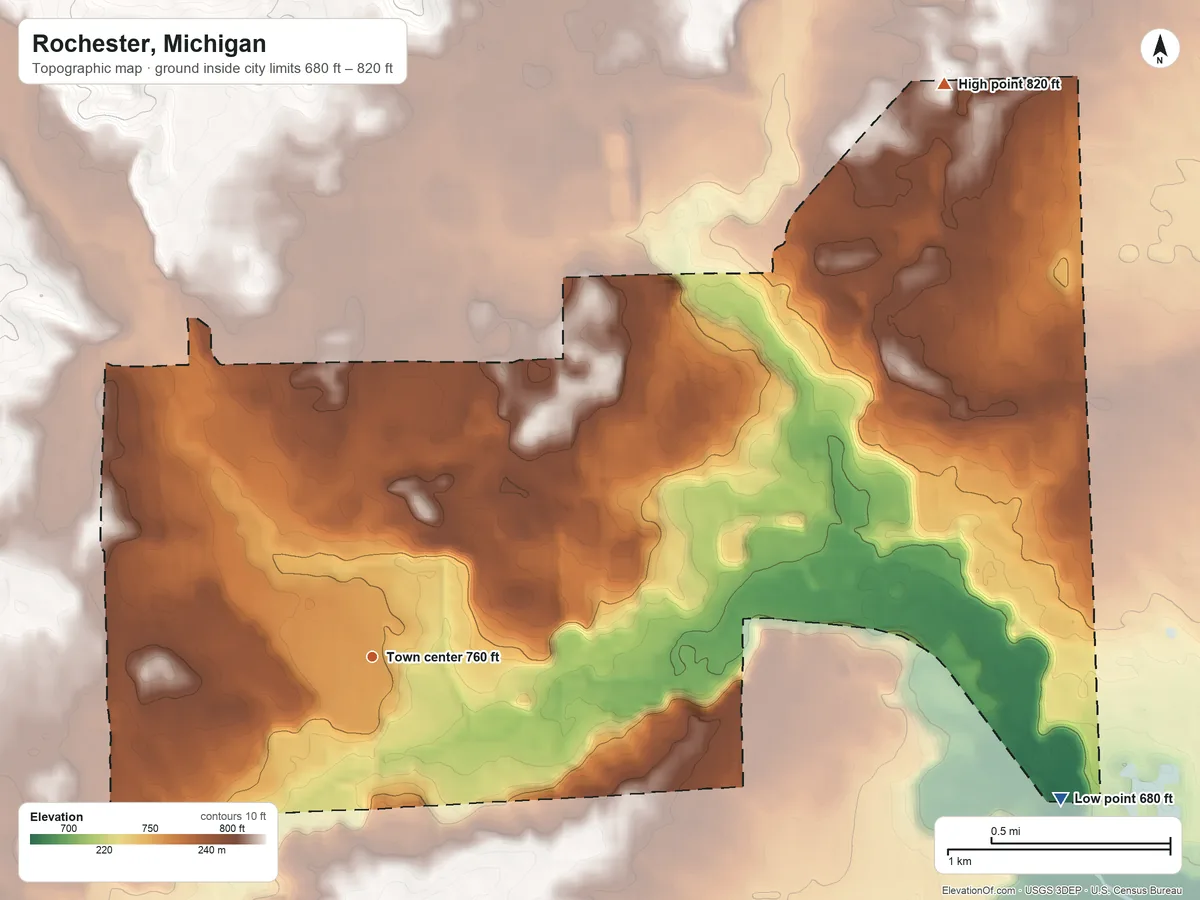 Topographic elevation map of Rochester, Michigan, shaded from 680 ft on the east side to 820 ft on the northeast side
