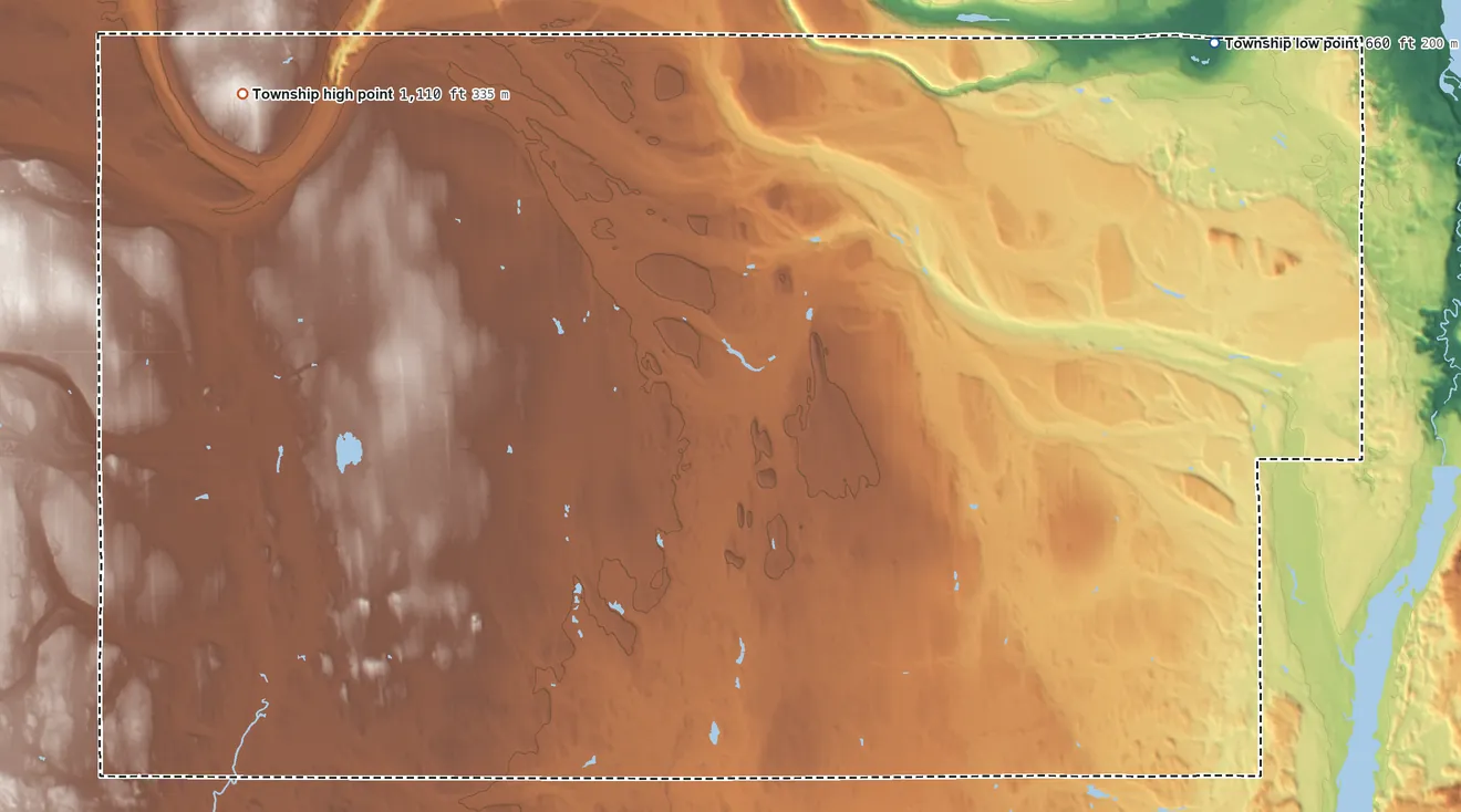 Topographic elevation map of Rock River Township, Michigan, shaded from 660 ft on the northeast side to 1,110 ft on the northwest side
