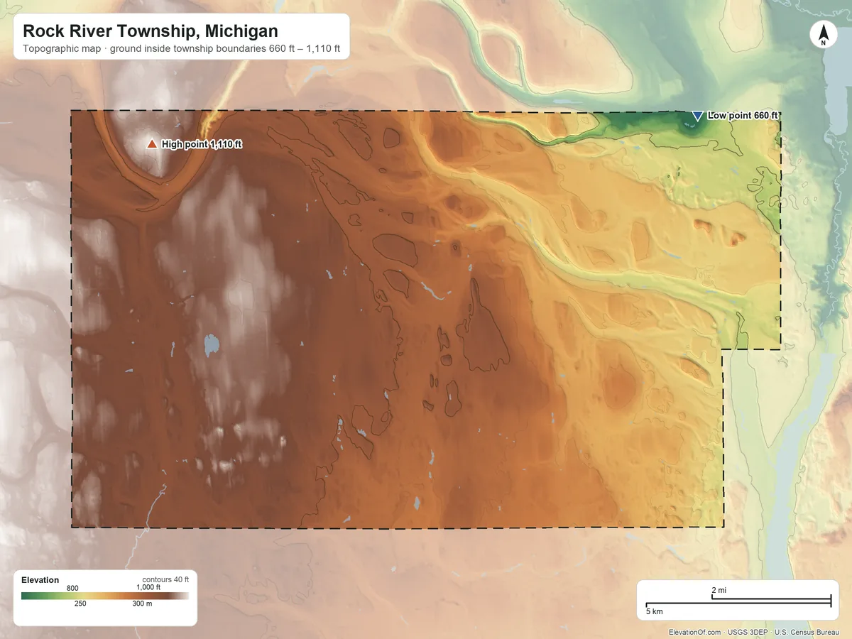 Topographic elevation map of Rock River Township, Michigan, shaded from 660 ft on the northeast side to 1,110 ft on the northwest side