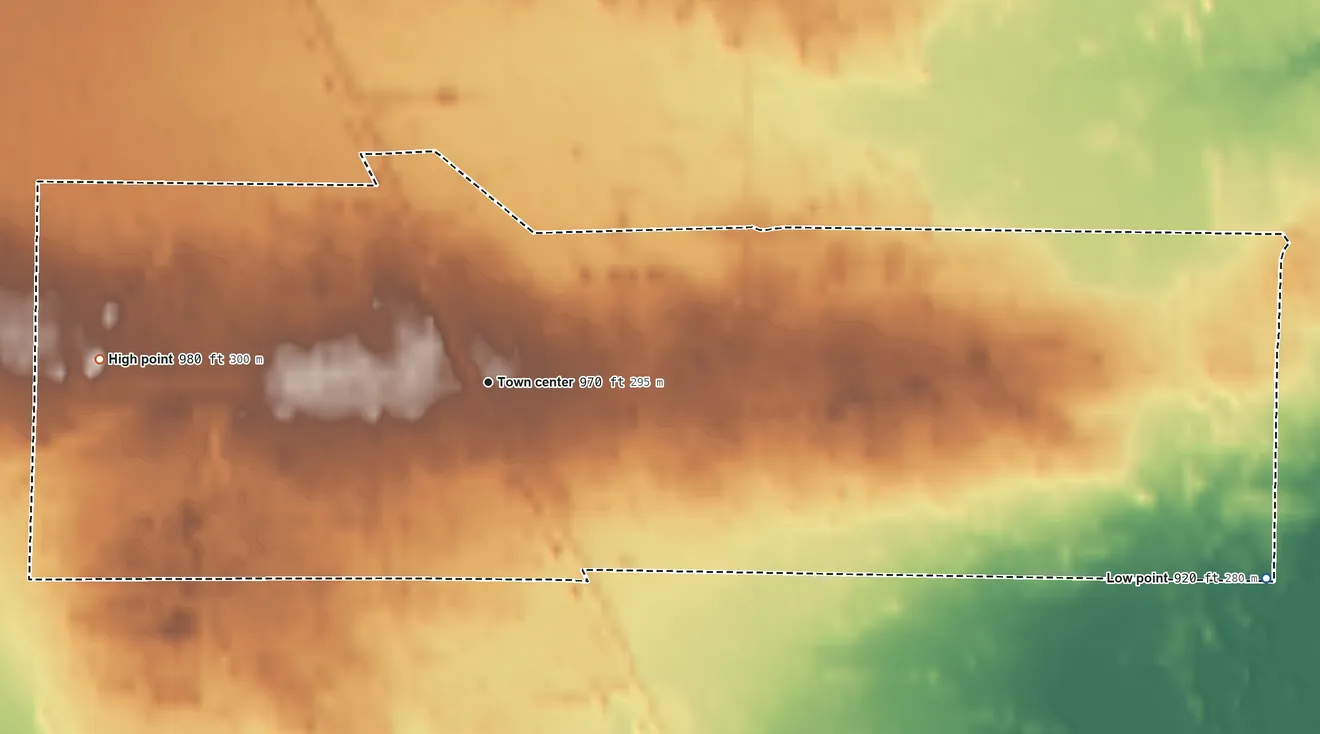 Topographic elevation map of Rock, Michigan, shaded from 920 ft on the east side to 980 ft on the west side