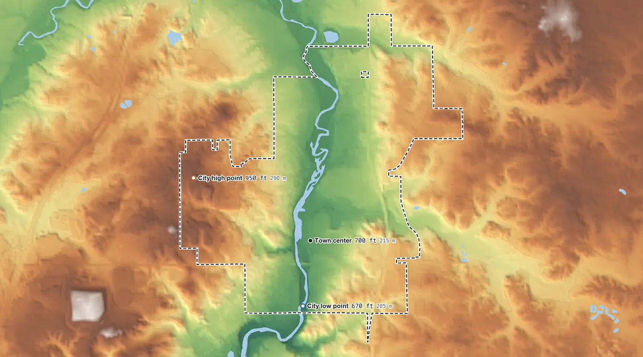 Topographic elevation map of Rockford, Michigan, shaded from 670 ft on the south side to 950 ft on the northwest side