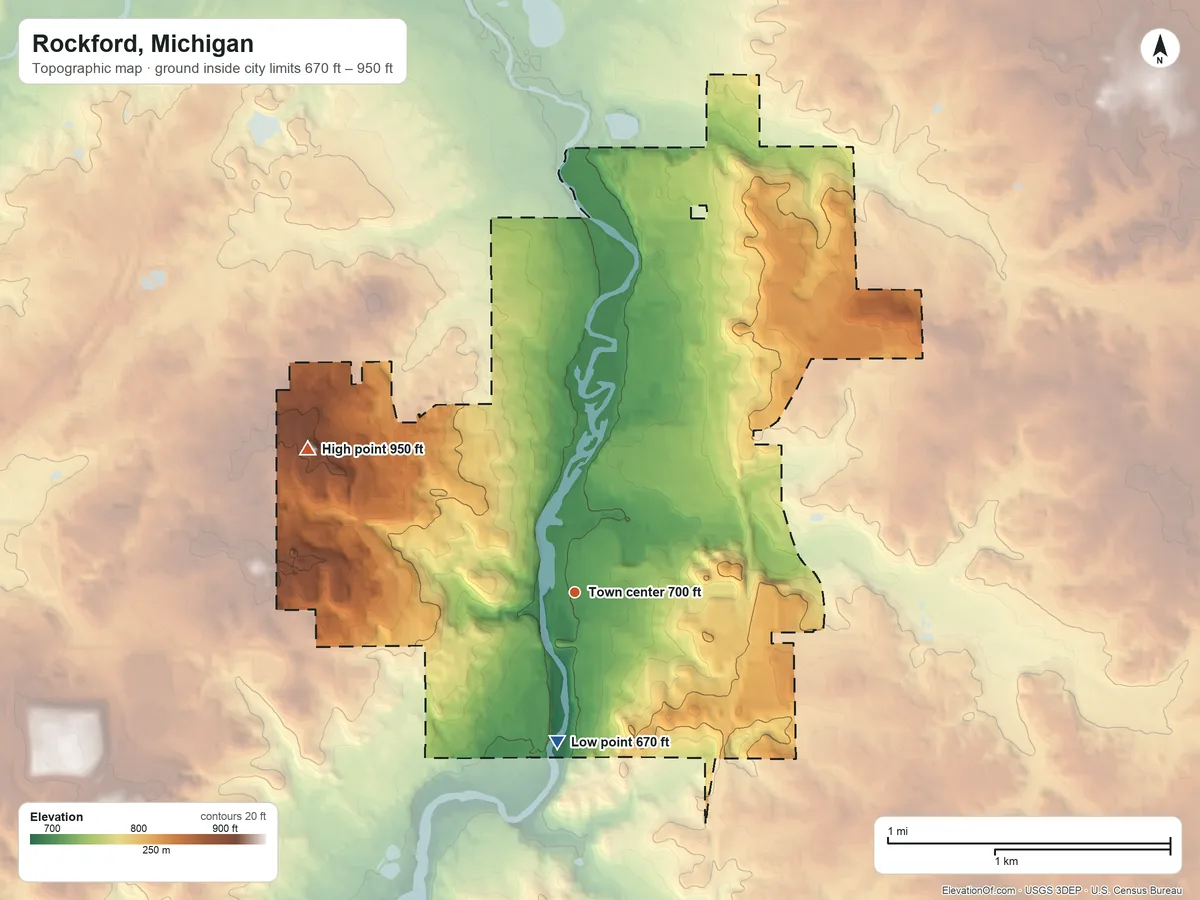 Topographic elevation map of Rockford, Michigan, shaded from 670 ft on the south side to 950 ft on the northwest side