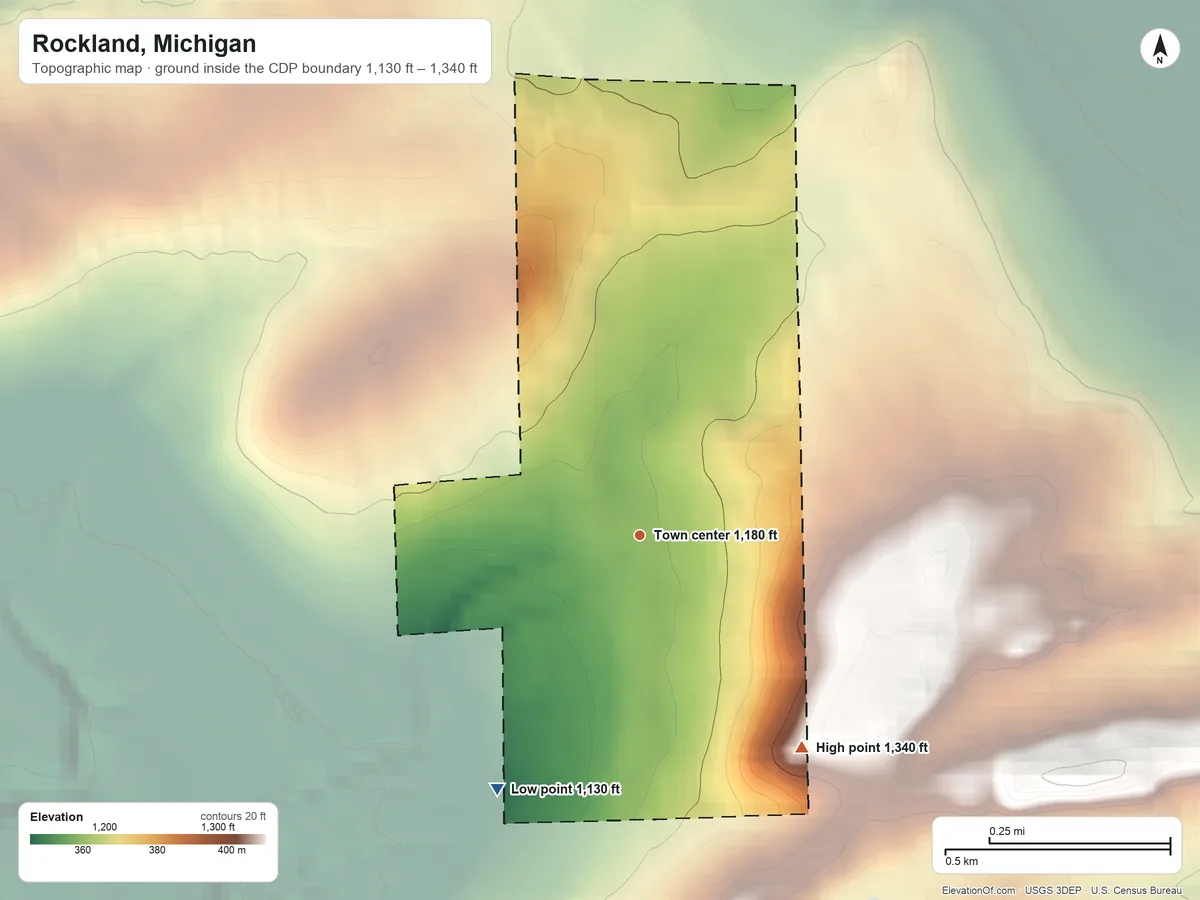 Topographic elevation map of Rockland, Michigan, shaded from 1,130 ft on the southwest side to 1,340 ft on the southeast side