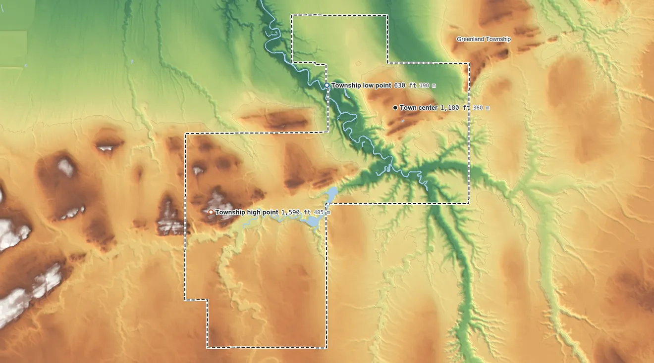 Topographic elevation map of Rockland Township, Michigan, shaded from 630 ft on the west side to 1,590 ft on the southwest side