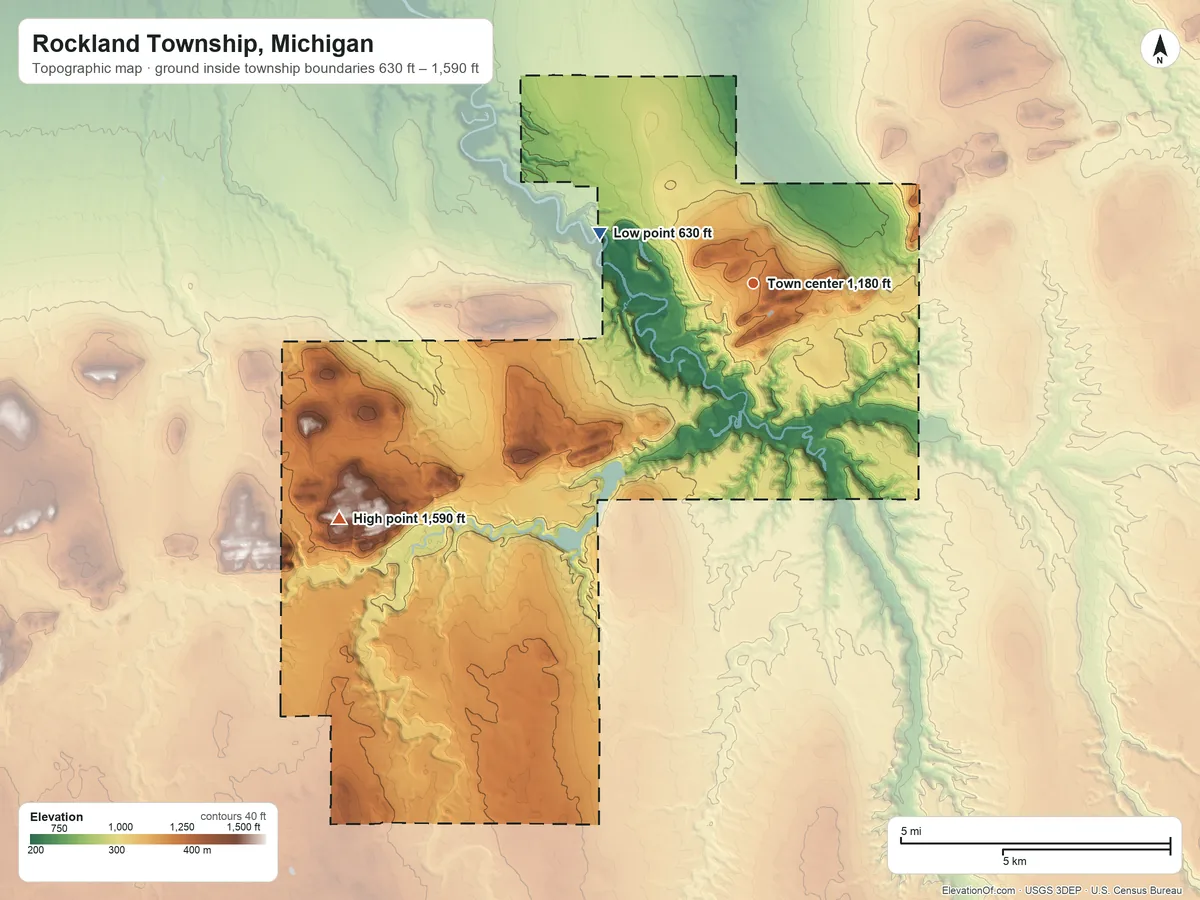 Topographic elevation map of Rockland Township, Michigan, shaded from 630 ft on the west side to 1,590 ft on the southwest side