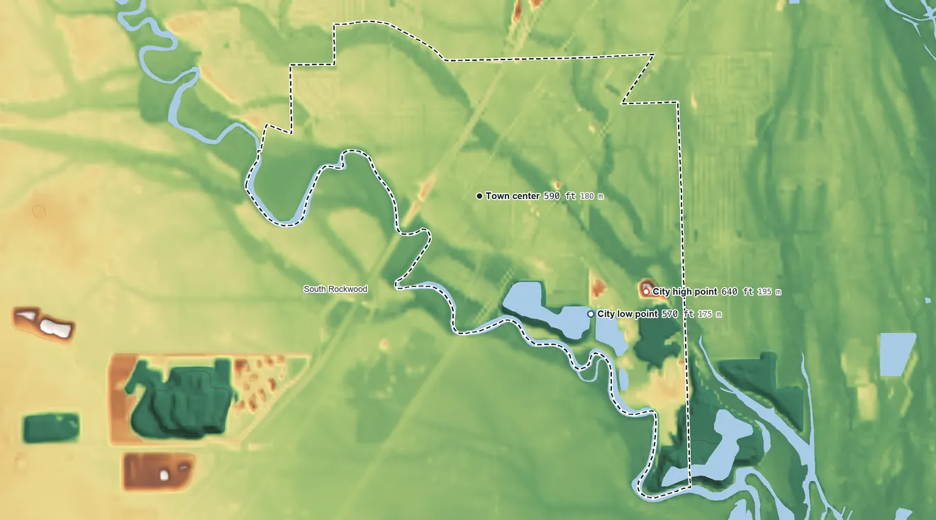 Topographic elevation map of Rockwood, Michigan, shaded from 570 ft on the southeast side to 640 ft on the southeast side