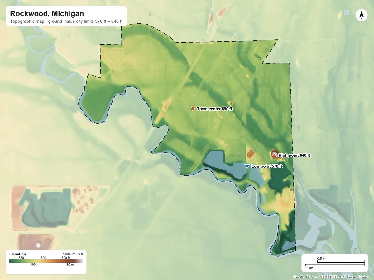Topographic elevation map of Rockwood, Michigan, shaded from 570 ft on the southeast side to 640 ft on the southeast side
