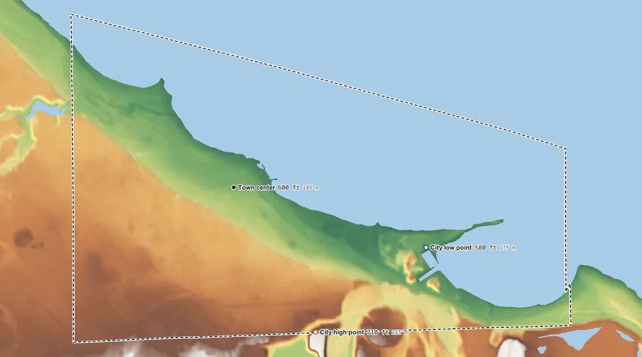 Topographic elevation map of Rogers City, Michigan, shaded from 580 ft on the east side to 710 ft on the southeast side