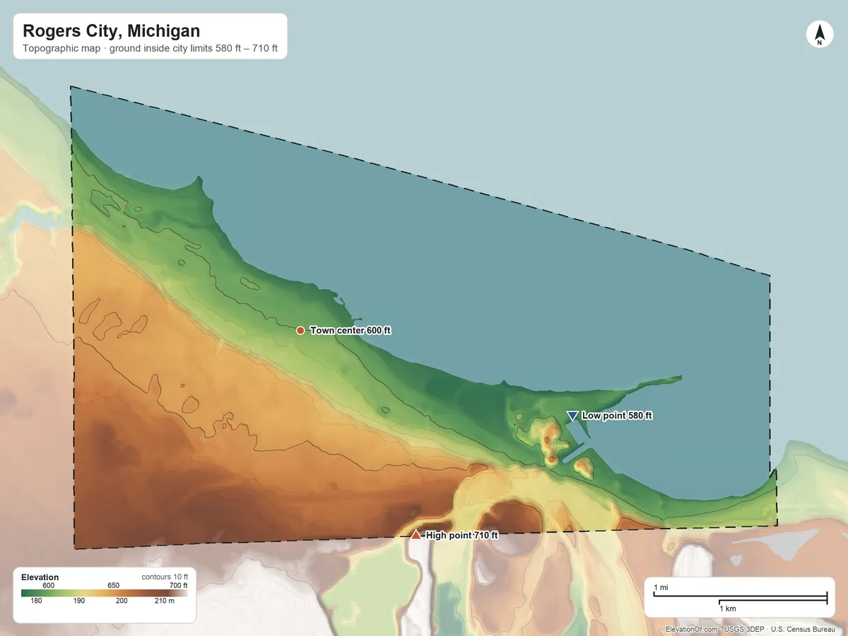 Topographic elevation map of Rogers City, Michigan, shaded from 580 ft on the east side to 710 ft on the southeast side